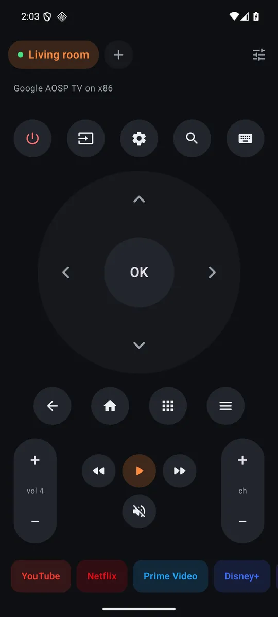 Sofa's remote: power, input, settings, search and keyboard buttons, a round D-pad with OK, back, home, volume and channel rockers, media keys and app shortcuts