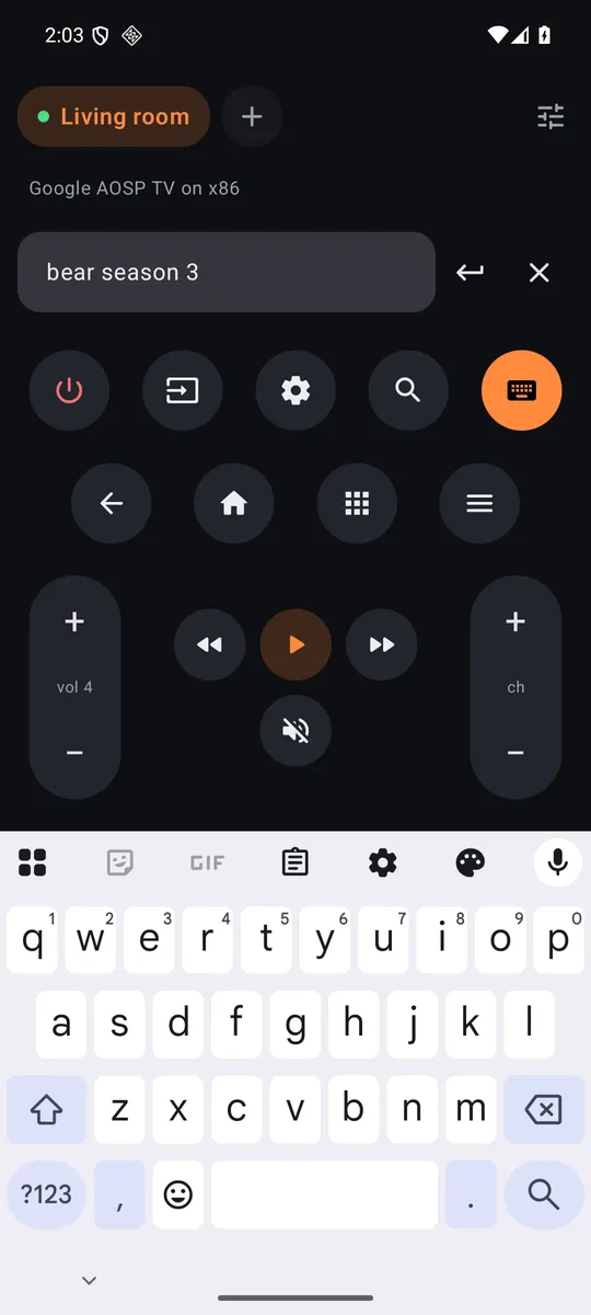 Sofa's keyboard panel mirroring the TV's search box while the phone keyboard is open